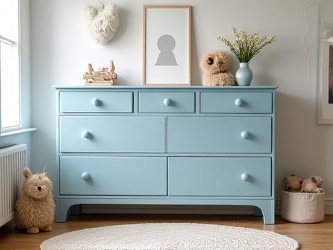 Cômoda moderna com lavagem azul suave, perfeita para quarto infantil