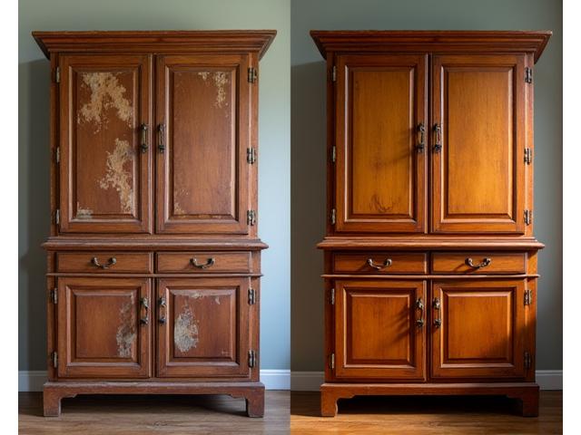 Armário antigo 'antes' com pintura descascando e 'depois' de restaurado e pintado de forma impecável