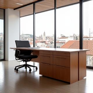 Mesa executiva em madeira escura com cadeiras de design, escritório minimalista