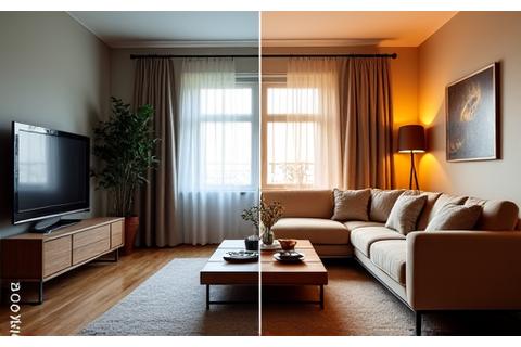 Sala de estar antes e depois de restauração, Casa em Cascais