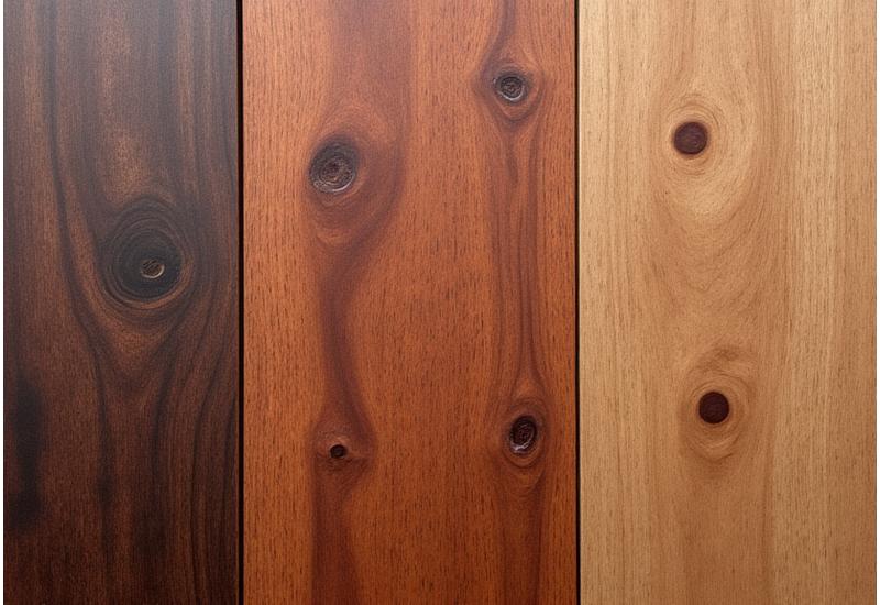 Amostras de madeiras portuguesas: carvalho, castanheiro, eucalipto, com texturas naturais