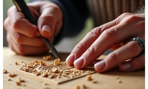 Mestre artesão trabalhando manualmente um pedaço de madeira com ferramentas tradicionais