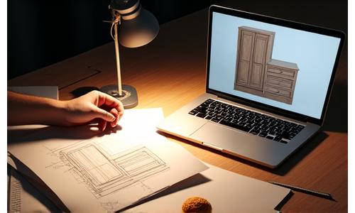 Arquiteto trabalhando em um projeto de móveis artesanais, esboço 3D em computador