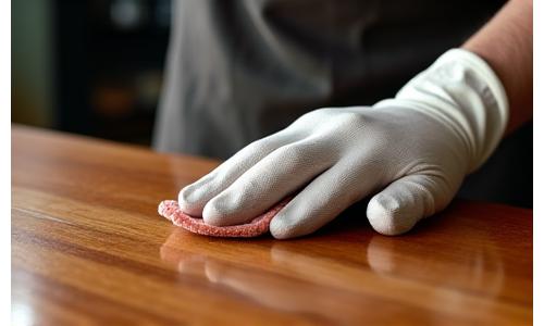 Mão de artesão lixando cuidadosamente a superfície de um móvel de madeira