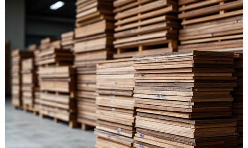 Madeiras empilhadas em uma serralheria, com selos de certificação de sustentabilidade