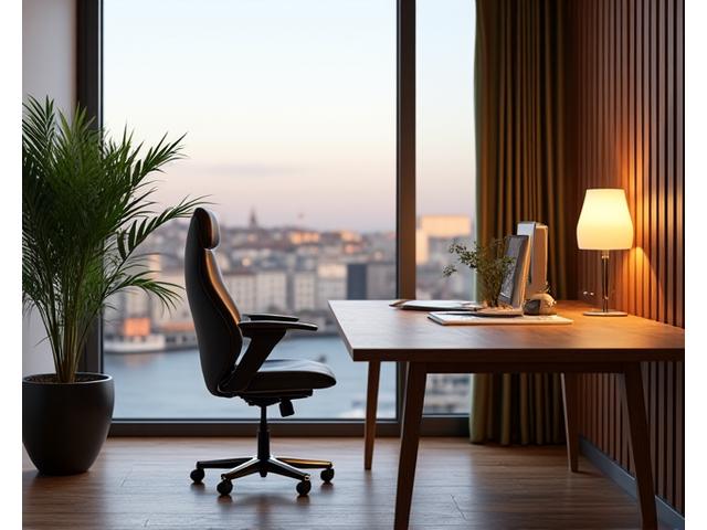 Escritório moderno com uma mesa de madeira artesanal e cadeiras ergonômicas, ambiente profissional