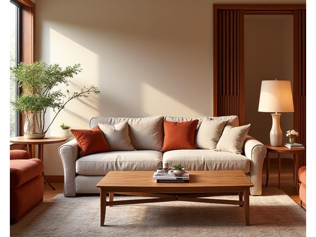 Sala de estar com móveis artesanais portugueses, design elegante e aconchegante