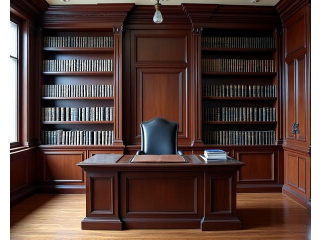 Interior de um escritório de advocacia elegante com mesa de madeira escura e estantes de livros cheias, transmitindo seriedade e tradição