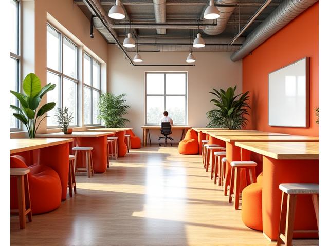 Espaço de trabalho de uma agência criativa com móveis modulares coloridos, mesas de colaboração e áreas de descanso descontraídas, incentivando a inovação