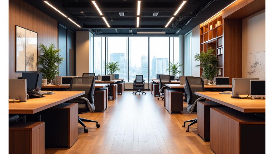 Vista panorâmica de um escritório corporativo onde todos os móveis de madeira e o design de interiores refletem a identidade visual da empresa, com coesão e sofisticação