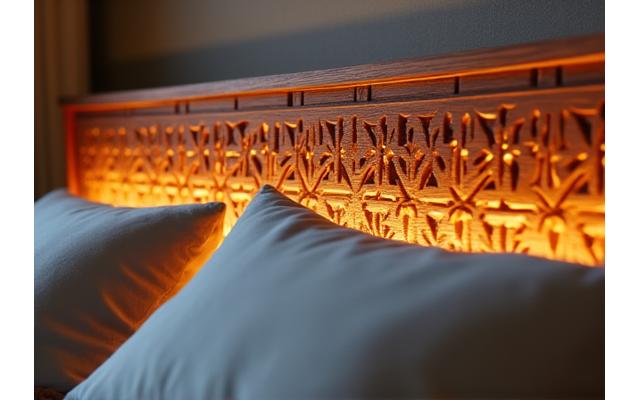 Cama com cabeceira estofada e iluminação indireta, criando um ambiente acolhedor