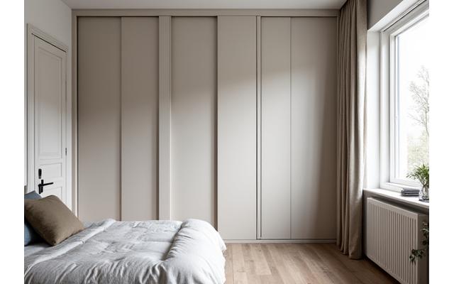 Guarda-roupa embutido com portas de correr e acabamento em madeira, otimizando o espaço