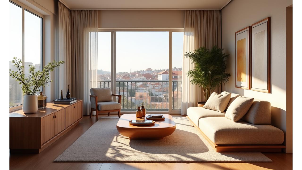 Sala de estar em Lisboa com móveis personalizados e vista para o rio, cheia de luz natural e acabamentos em madeira