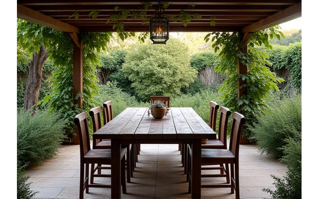 Mesa de jardim em madeira com cadeiras de metal, sob uma pérgula coberta de trepadeiras
