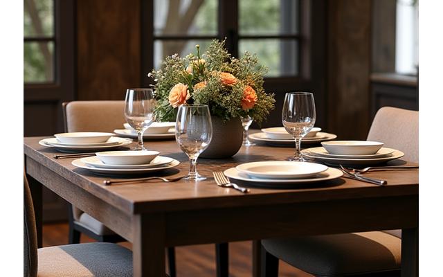 Mesa de jantar robusta em madeira escura com cadeiras estofadas, em um ambiente de luz suave