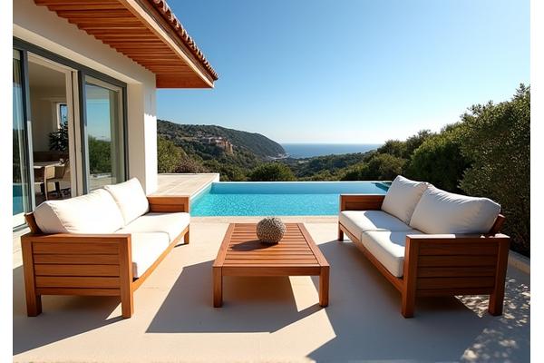 Terraço de vivenda no Algarve com móveis de exterior em madeira tropical, vista para o mar e piscina