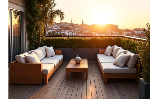 Conjunto de sofá e poltronas em madeira tratada para exterior, com almofadas claras, em uma varanda com plantas