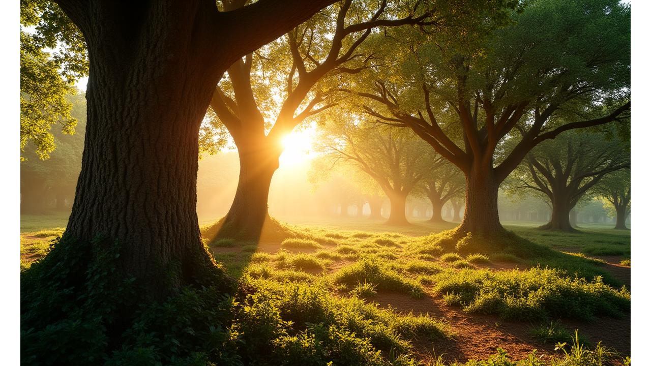 Uma floresta exuberante em Portugal com a luz do sol filtrando pelas árvores, um selo de certificação de sustentabilidade parcialmente visível em uma das árvores.