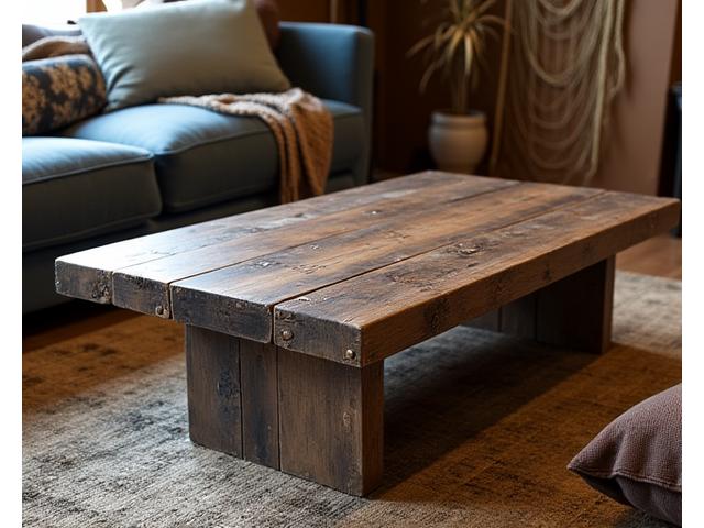Mesa de centro rústica da Linha Mar, feita de madeira recuperada de barcos antigos, com detalhes metálicos escuros.