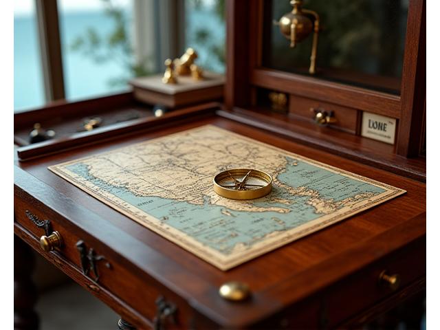 Uma secretária elegante com compartimentos ocultos e detalhes em latão, inspirada nas rotas dos Descobrimentos Portugueses. Um mapa antigo e uma bússola sobre a mesa. Vista de um oceano ao fundo.