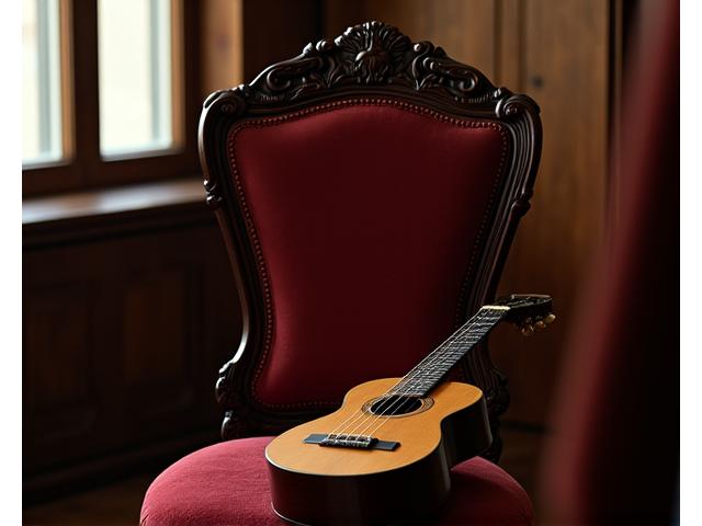 Cadeira de jantar de madeira escura com assento estofado em veludo profundo, entalhes elegantes em estilo Art Deco, evocando a melancolia e a paixão do Fado. Luz ambiente suave e uma guitarra portuguesa em destaque.