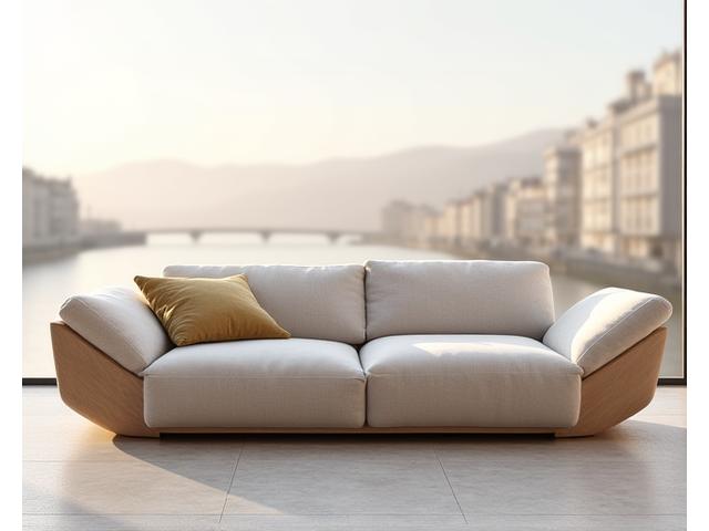 Sofá modular contemporâneo estofado em linho cru, com estrutura de madeira de freixo claro, inspirado nas linhas fluidas do rio Tejo. Cenas de Lisboa ao fundo.