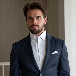 Retrato profissional de João Silva, um designer português, com um ar contemplativo e um fundo desfocado do seu estúdio de design minimalista, refletindo a sua estética apurada.
