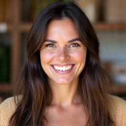 Retrato profissional de Maria Santos, designer portuguesa, com um sorriso gentil e um fundo que sugere materiais reciclados ou orgânicos, exibindo a sua abordagem sustentável e inovadora.