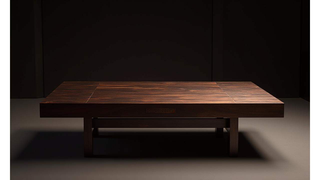 Uma luxuosa mesa de centro de madeira escura e metal, com iluminação dramática, destacando a numeração da edição '1/7' e a assinatura do artesão gravada, em um ambiente minimalista e sofisticado. A peça tem uma superfície lisa e polida que reflete a luz suavemente.