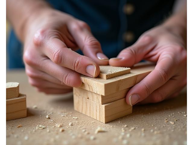Mãos de artesão unindo duas peças de madeira com encaixe de espiga e mortise, sem uso de pregos ou parafusos modernos, focando na precisão da técnica tradicional.