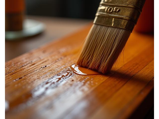 Pincel aplicando lentamente verniz natural à base de goma-laca em uma superfície de madeira restaurada, criando um brilho suave e orgânico.