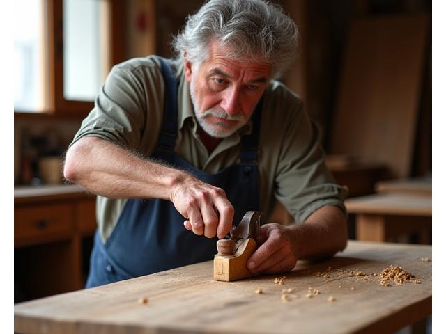 António Silva, o fundador, trabalhando com ferramentas tradicionais em uma mesa de madeira.
