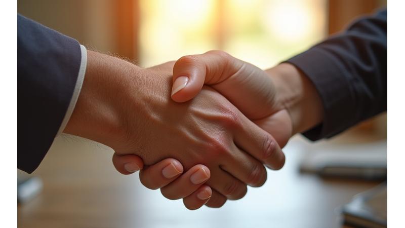 Mãos em estilo rústico apertando-se em um acordo, simbolizando confiança e transparência nos termos legais.